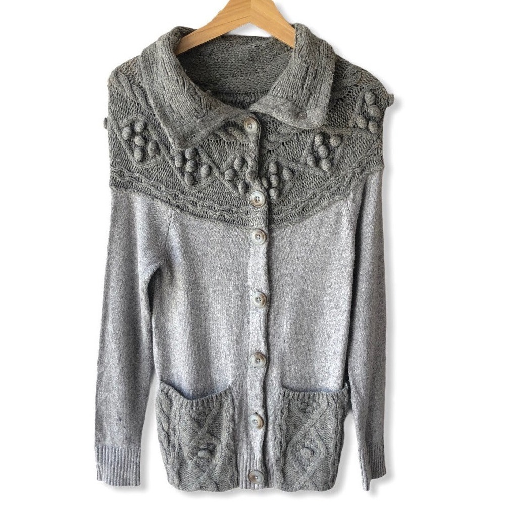 Anthropologie Sleeping On Snow Wool Sweater Size XS Grey‎ Knit Pom Pom Cardigan